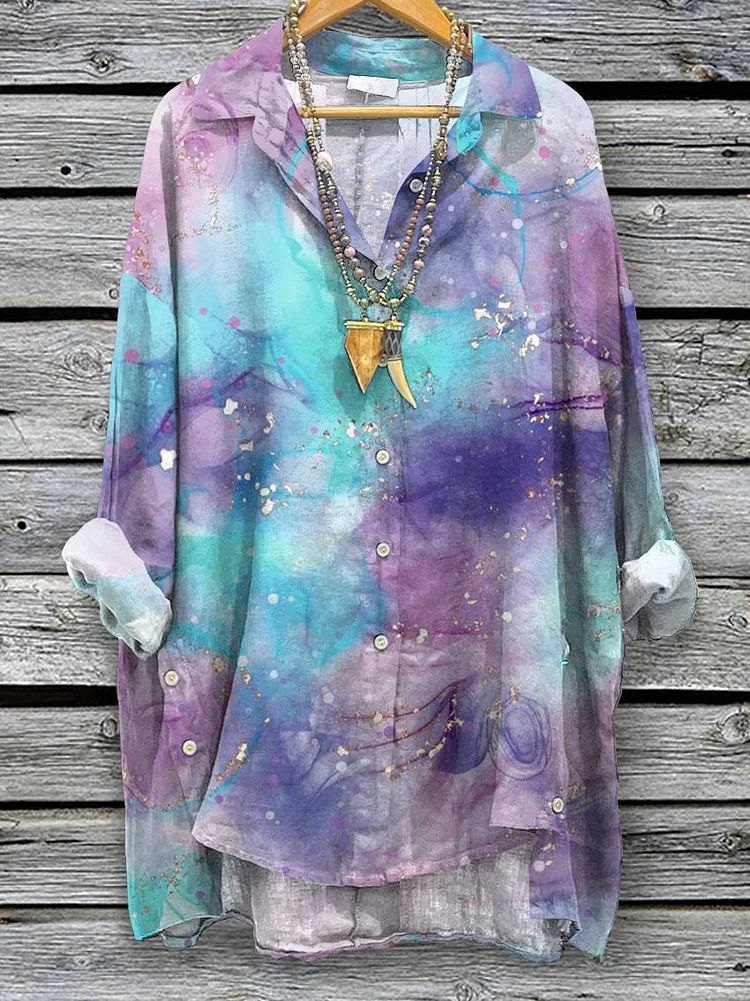 Women's Retro Style Gradient Pattern Print Casual Cotton And Linen Shirt