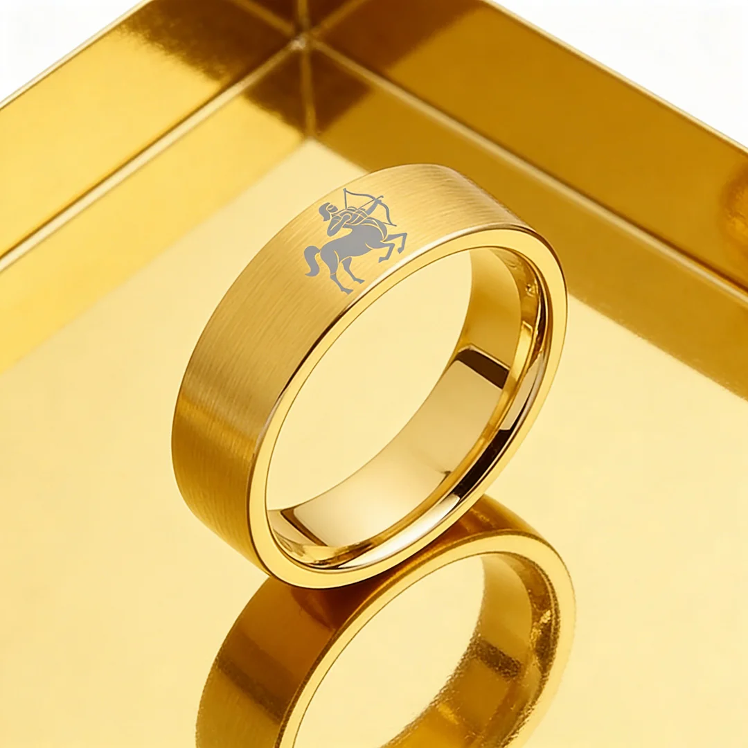 Gold Tungsten Carbide Rings Flat Sagittarius Wedding Band Flat Top Comfort Fit 4MM 6MM 8MM Width