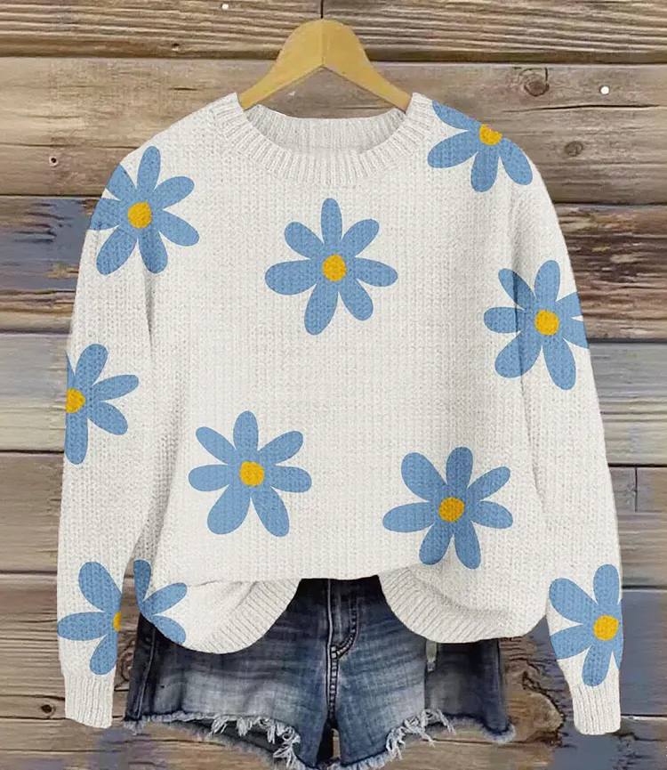 Vintage Lovely Flower Art Print Knit Pullover Sweater