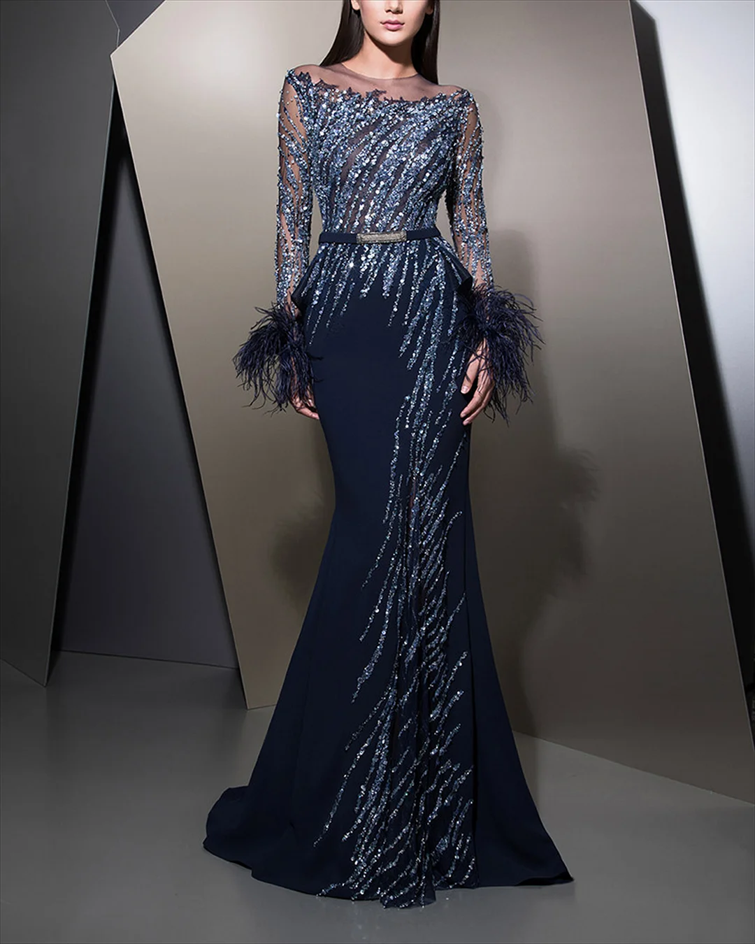 Fashion Sequin Feather Evening Dress - 01