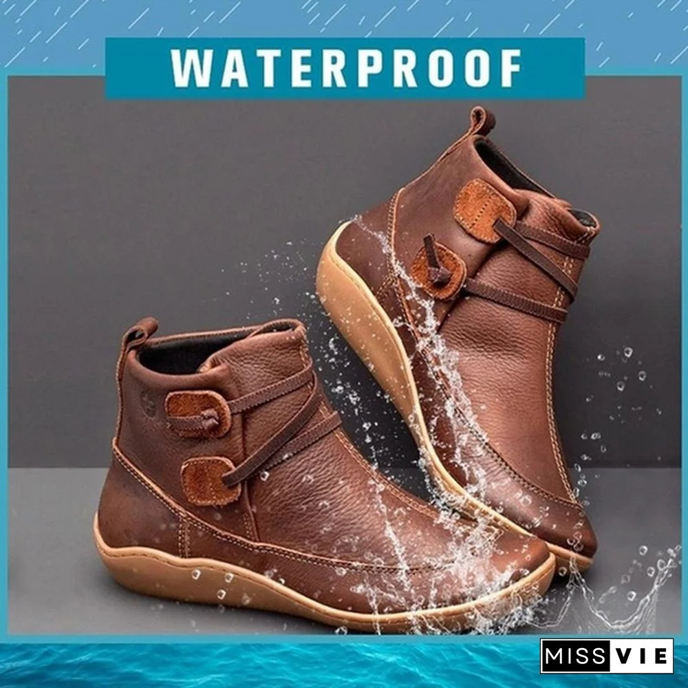 Women's Braided Strap Flat Heel All Season Boots Waterproof Leather Comfortable Flat Heel Boots Round Toe Ankle Boots