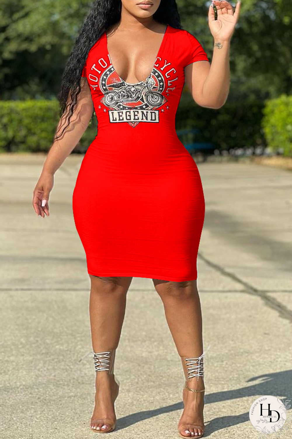 Tangerine Red Fashion Print Patchwork V Neck Pencil Skirt Dresses