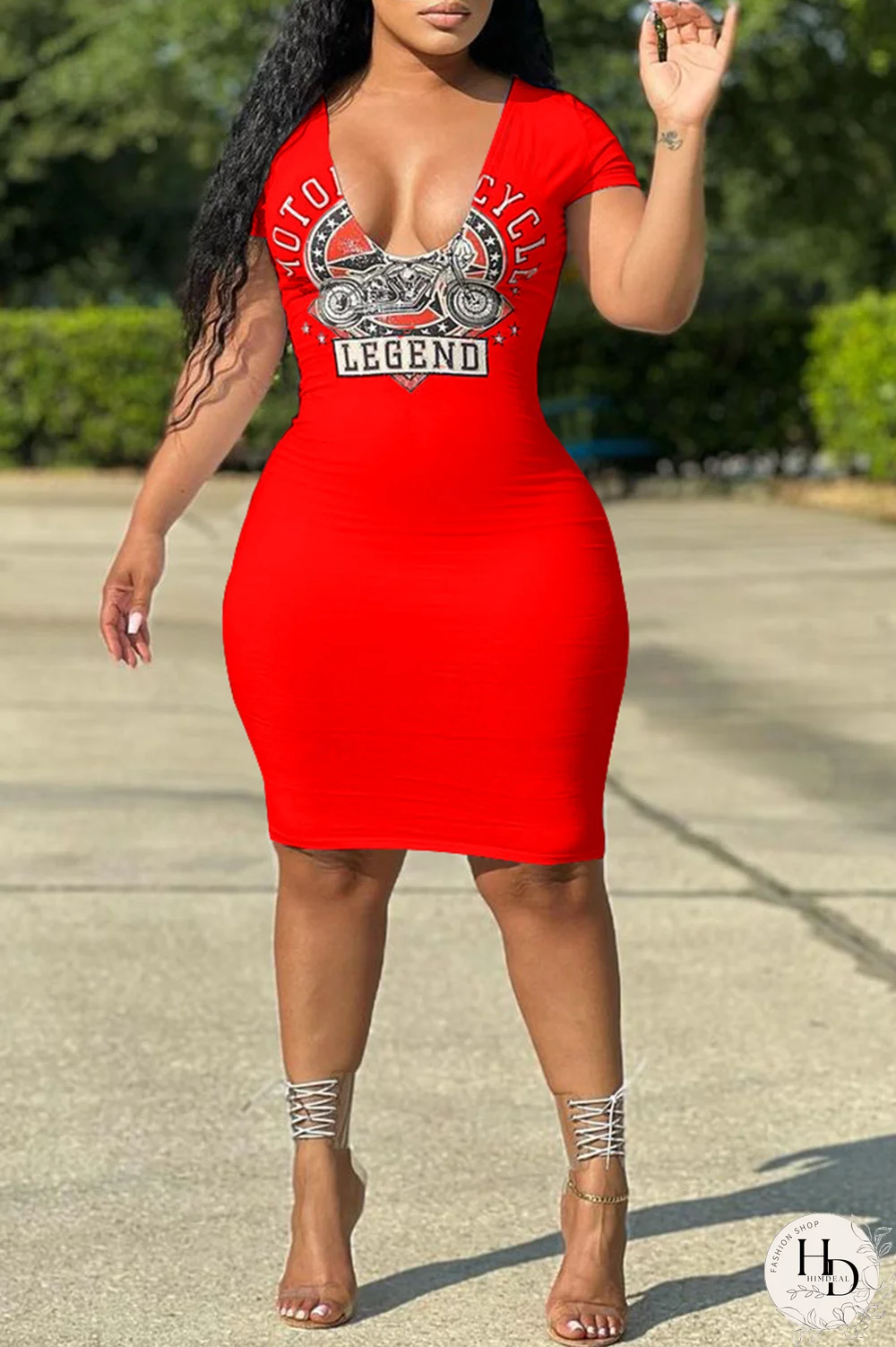 Tangerine Red Fashion Print Patchwork V Neck Pencil Skirt Dresses