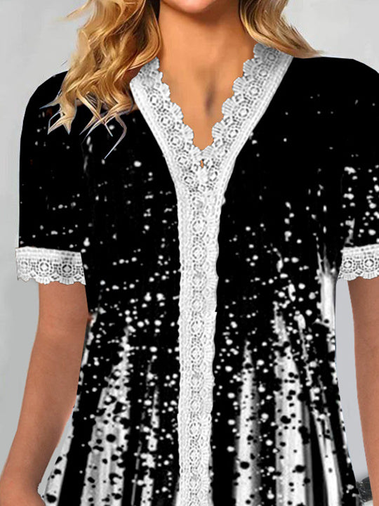 Women Short Sleeve V-neck Floral Printed Graphic Lace Tops
