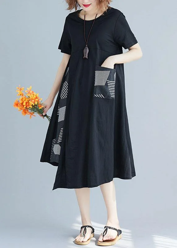Handmade o neck Cotton clothes For Women Sleeve patchwork black prints Dress summer