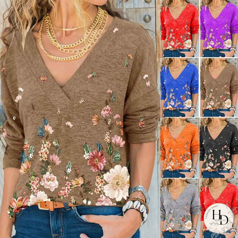 Spring and Autumn New Fashion Womens V-Neck Flowers Print Loose Long Sleeve T-Shirt Casual