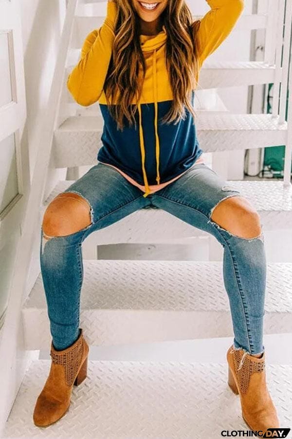 Long Sleeve Color Block Hooded Sweatshirt