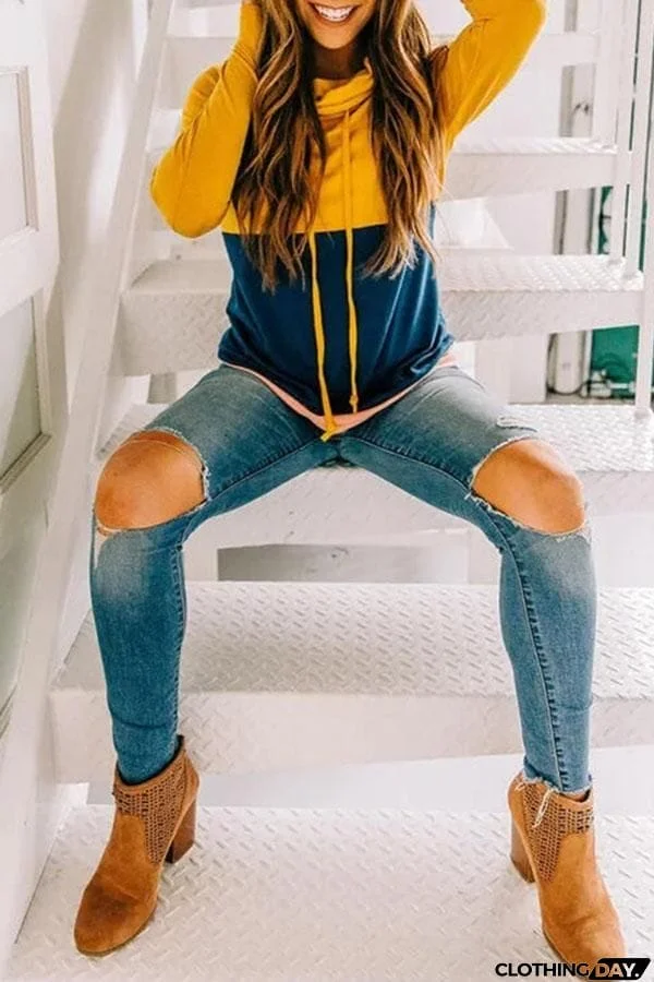 Long Sleeve Color Block Hooded Sweatshirt