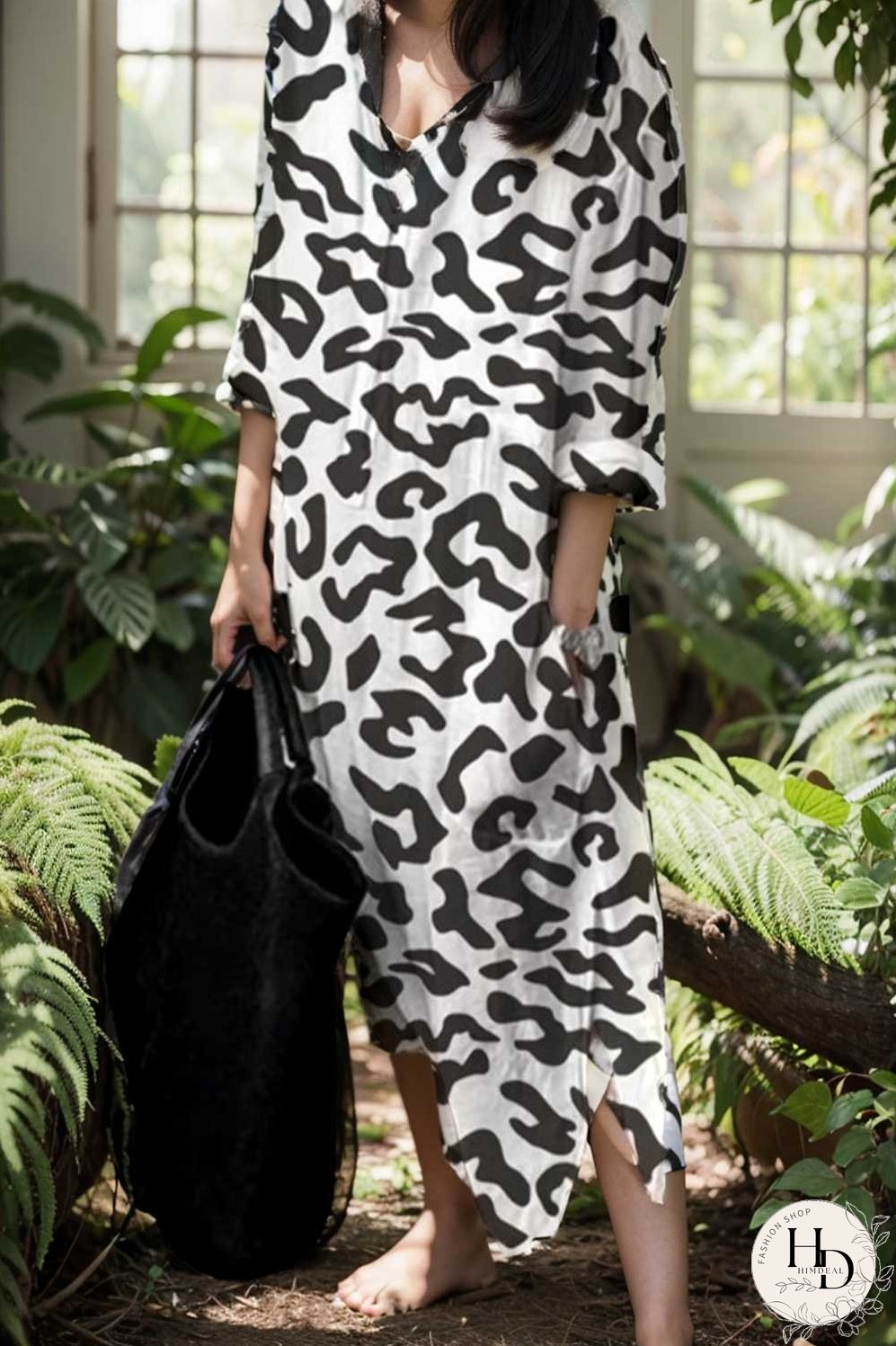 leopard print v neck split long sleeve dress