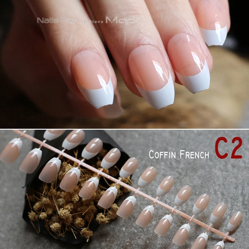 Long stiletto nails white tip nude french fasle nails sheer white pink almond fake nail 24pcs-Nail Inspo