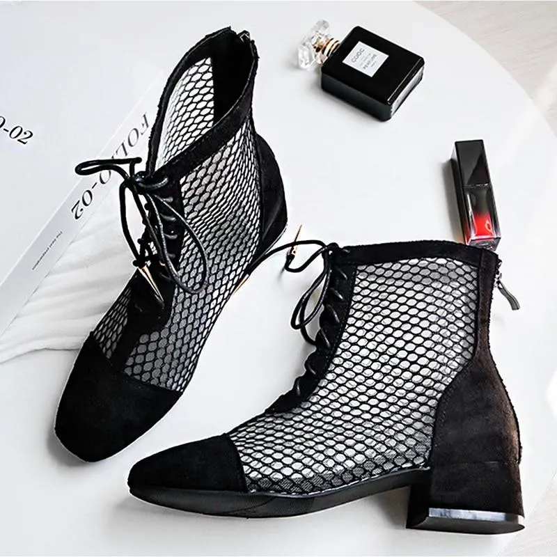 2021 Summer New Black Thick Heel Strap High Boots Ladies Breathable Hollow Mesh Fashion Boots