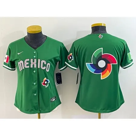 Women's Mexico Baseball 2023 Green Big Logo World Baseball Classic Stitched Jersey(Run Small) KUM9