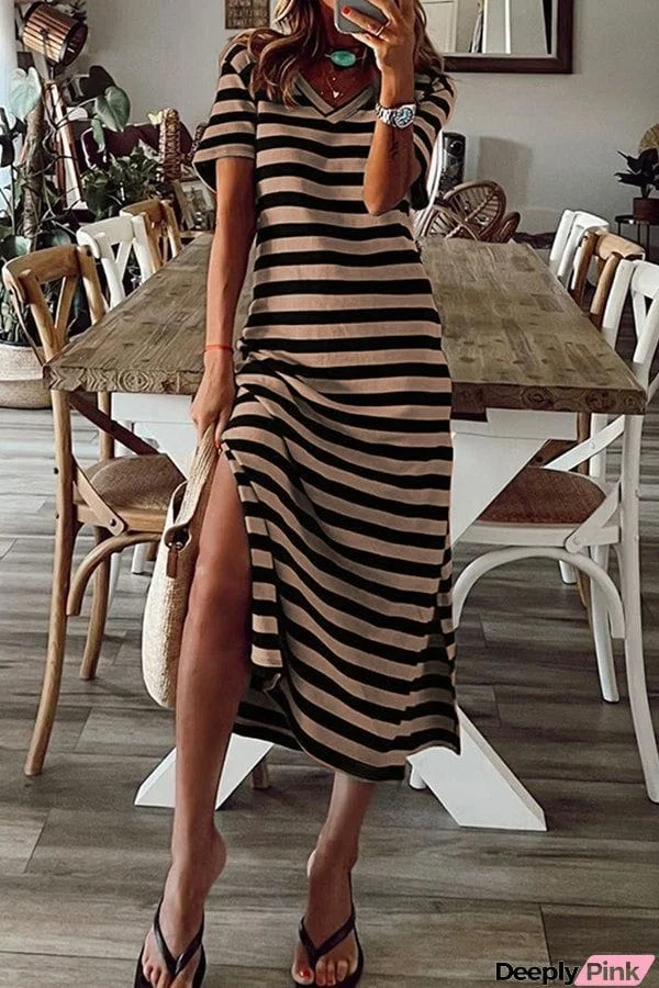 Stripe V Neck Slit Maxi Dress