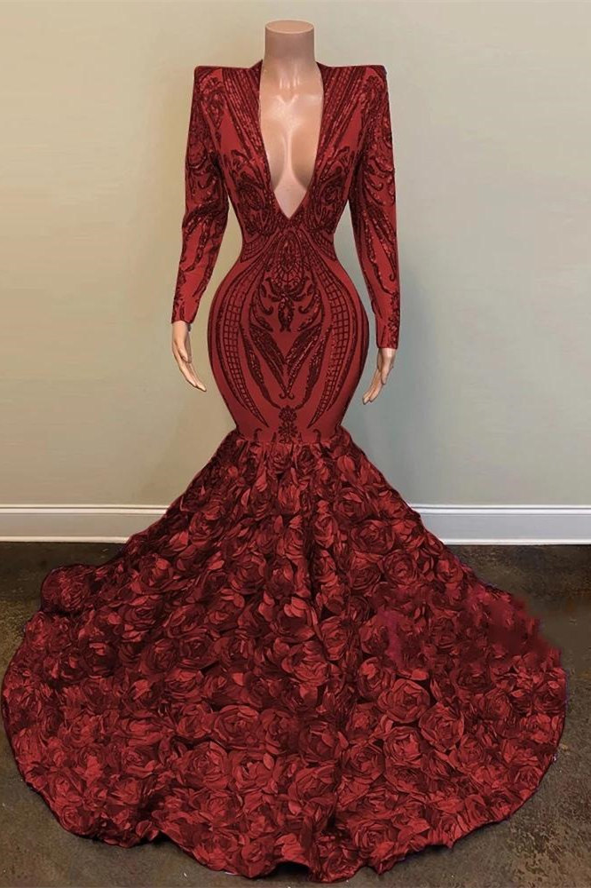 Dresseswow Burgundy Sequins Lace Prom Dress Long Sleeves Evening Gowns With Flowers Bottom