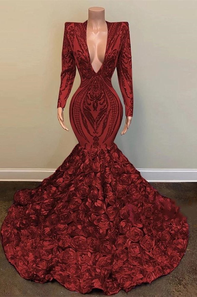 Sequins Lace Wine Red V-Neck Long Sleeves Prom Dress Mermaid With Flowers Bottom | Ballbellas Ballbellas