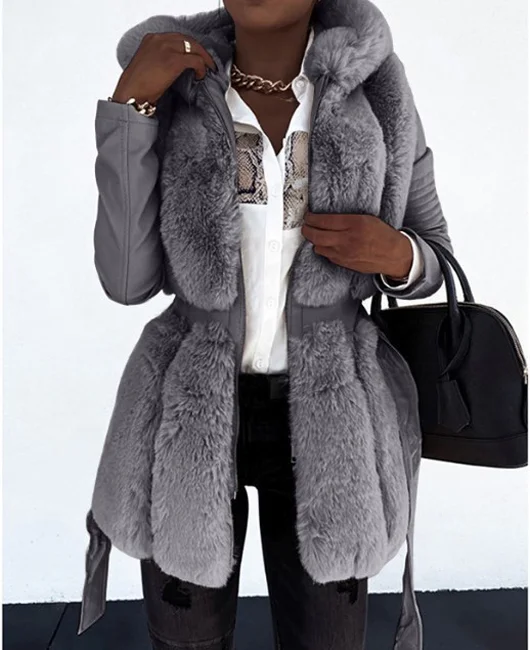 LADYSY Hooded Solid Color Zippered Fur Jacket 