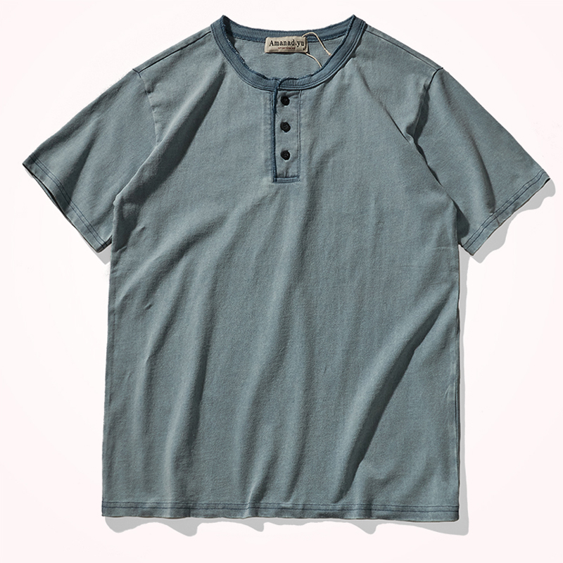 American Heavy Henley Collar Cotton Short Sleeve T-Shirt