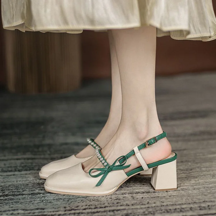 Beige & Green Slingback Buckle Shoes Women'S Elegant Square Toe Block Heel Rhinestones Pumps |FSJ Shoes