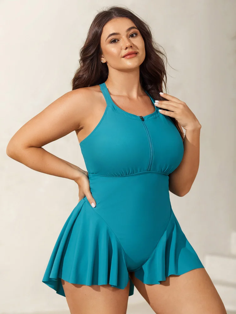 Zipper Front Ruffled One-Piece Swimsuit