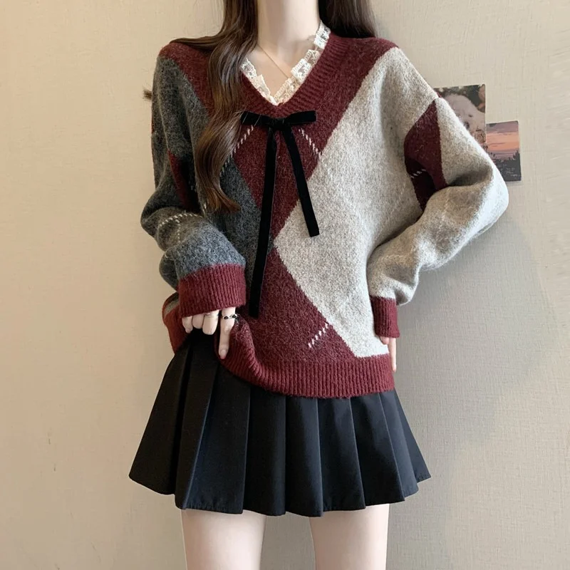 Athvotar Athvotar Red Riger Sweater Woman 2025 Spring New Large-Size Fat Lys V Collar Knitted Christmas Shirt Retro Top