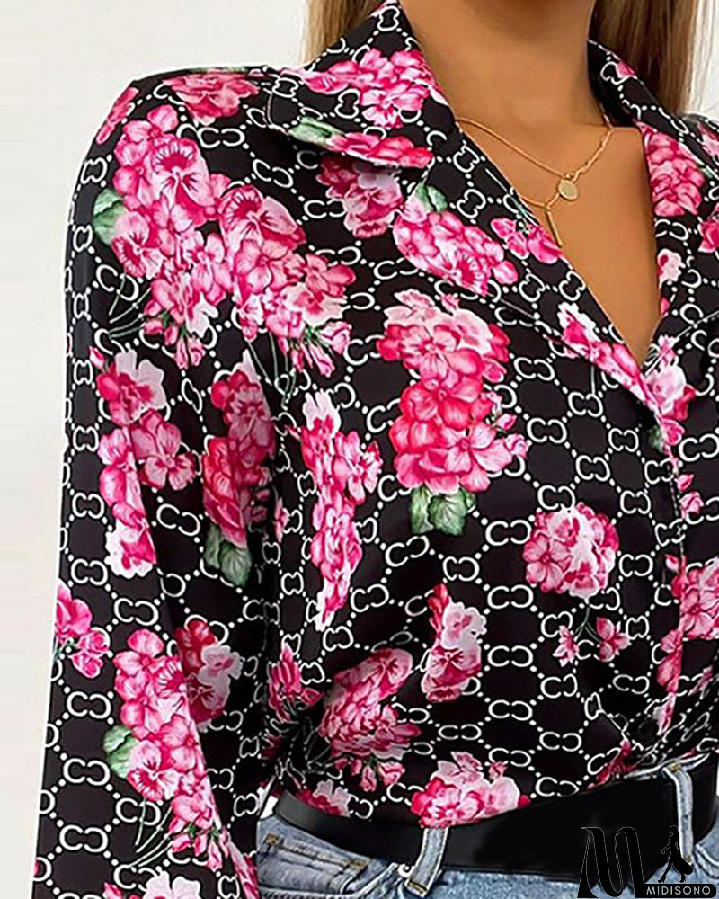 MidiSono - Long Sleeve Floral Print Shirt Top
