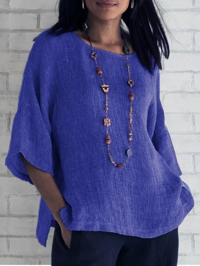 Women's T Shirt Solid Colored Plain Long Sleeve Criss Cross Patchwork Round Neck Tops Streetwear Basic Top Blue Purple Yellow Linen