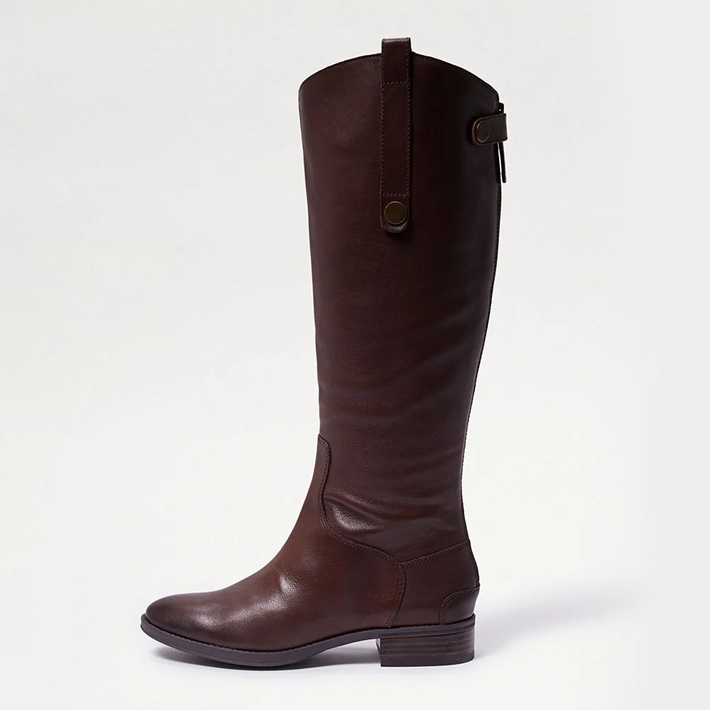 Women's Dark Brown Round Toe Back Zipper Pull Tab Knee High Boots