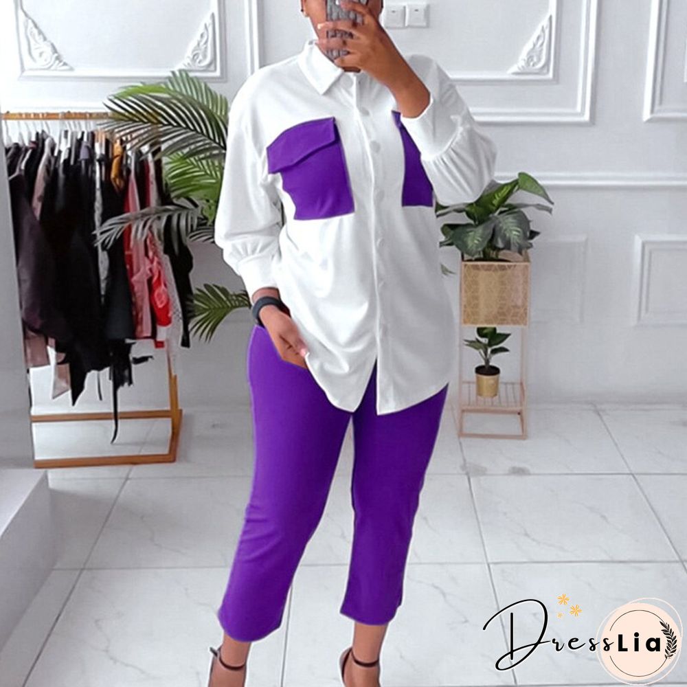 Fashion Contrasting Colors Patchwork Set 2pc Set Autumn Lapel Button Shirts & Slim Long Pants Suit New Casual Office Long Sleeve