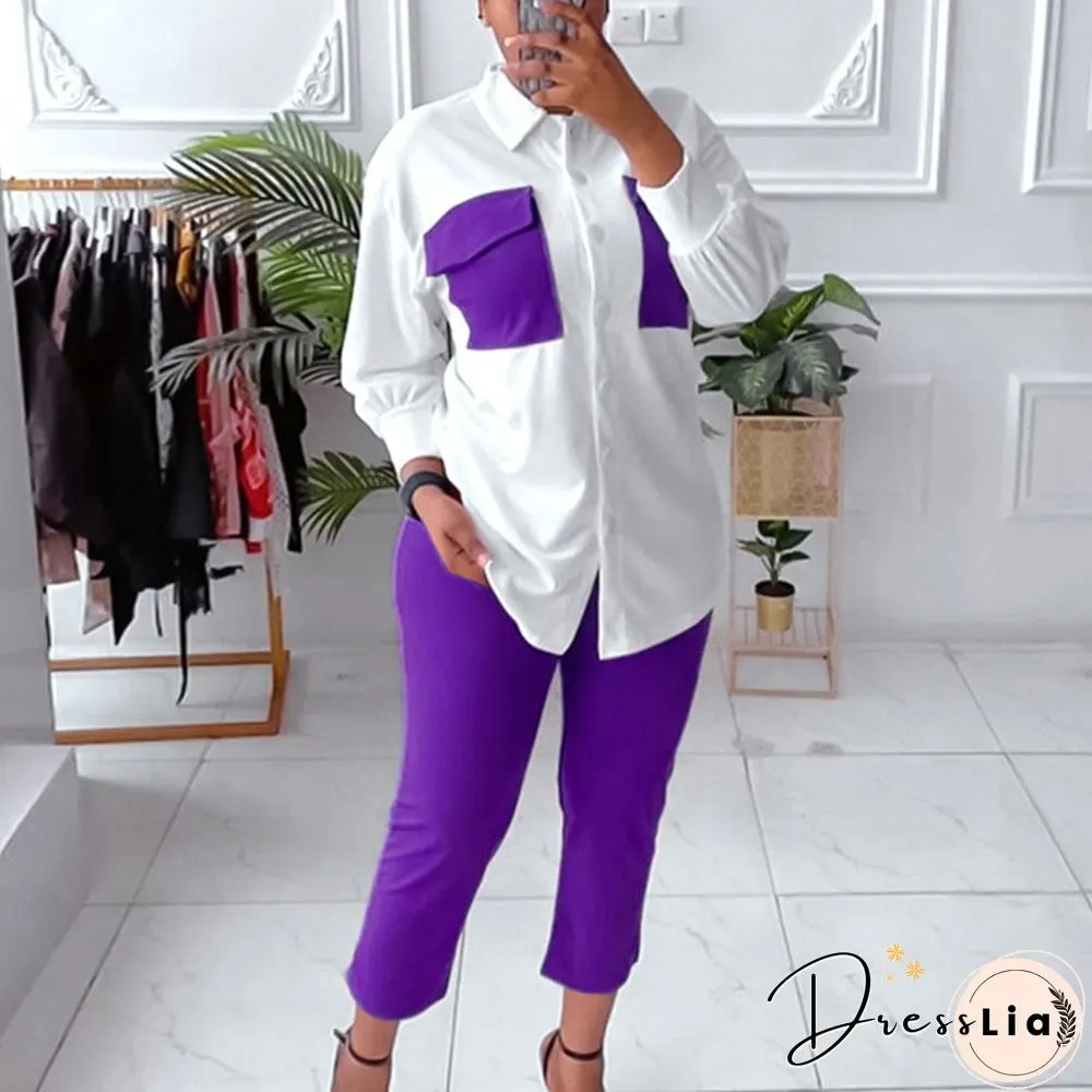 Fashion Contrasting Colors Patchwork Set 2pc Set Autumn Lapel Button Shirts & Slim Long Pants Suit New Casual Office Long Sleeve