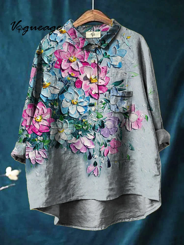 Gentle Comfortable And Versatile Flowers Printed Cotton And Linen Shirt