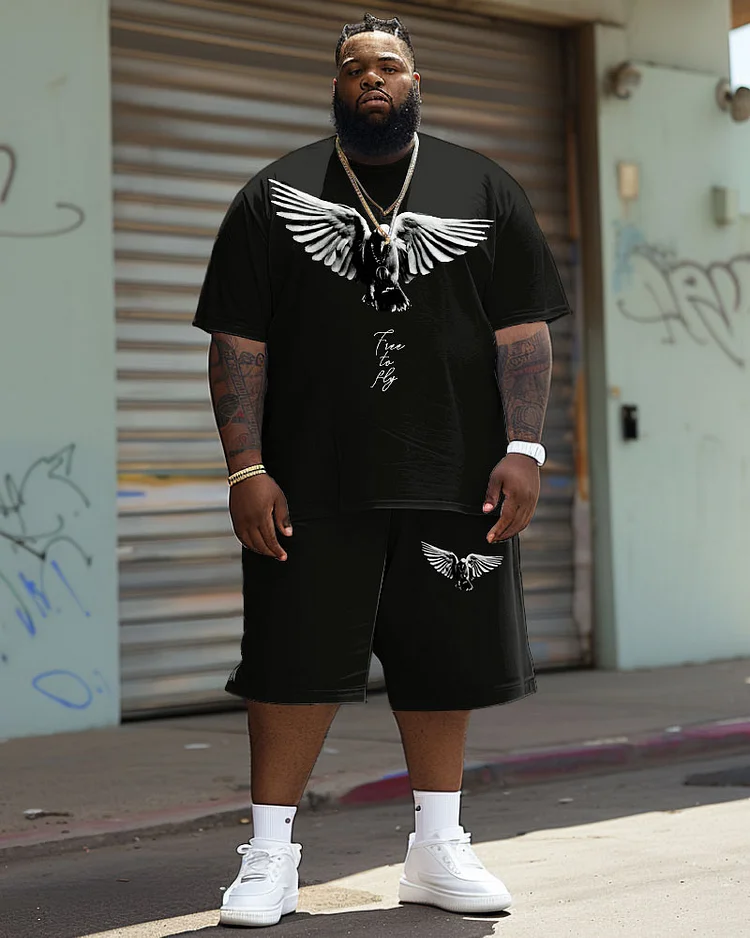 Men's Plus Size Casual Vintage Pigeon Alphabet Print T-Shirt Shorts Suit