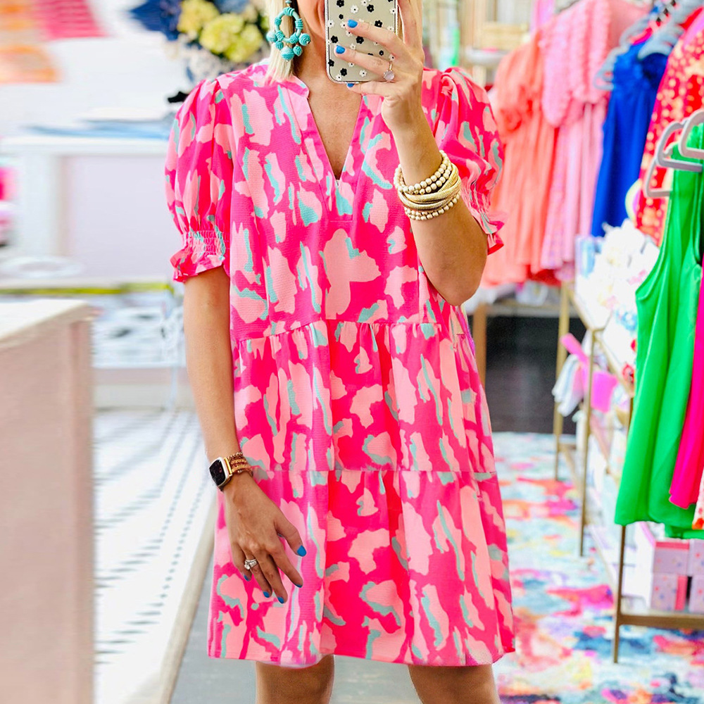 Mature Women Summer V-neck Printed Dress Street Fashion Skirt Dress