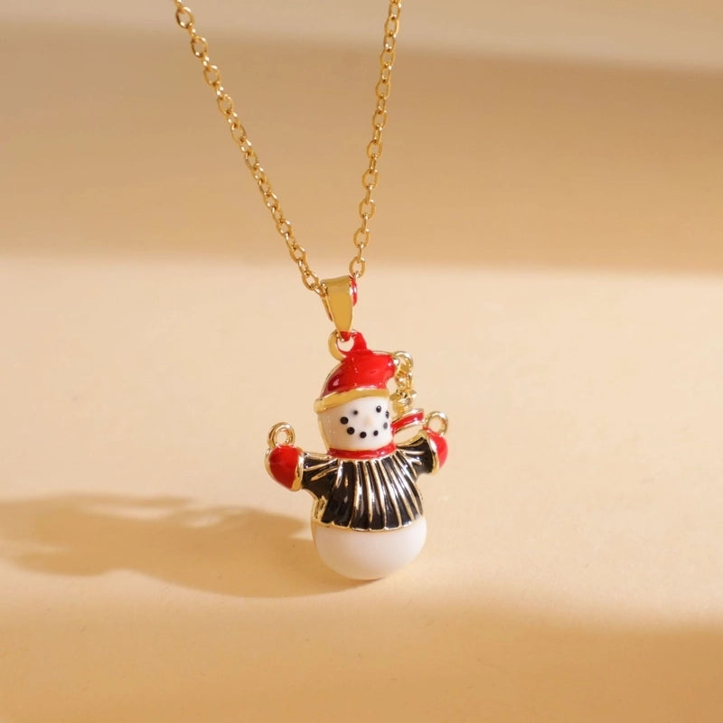 Titanium Steel Copper Cable Chain Enamel Inlay Christmas Hat Santa Claus Christmas Socks Pearl Zircon Pendant Necklace