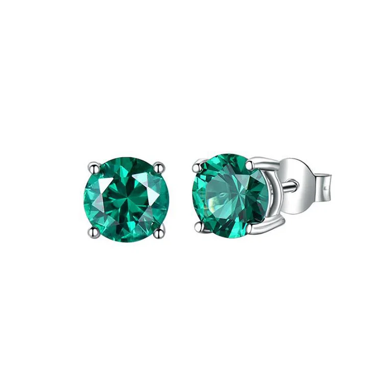Vintage Round Emerald Earrings In Sterling Silver
