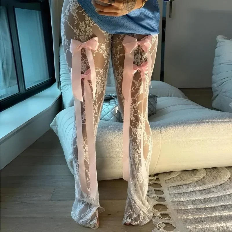 Brownm Transparent Lace Flare Pants