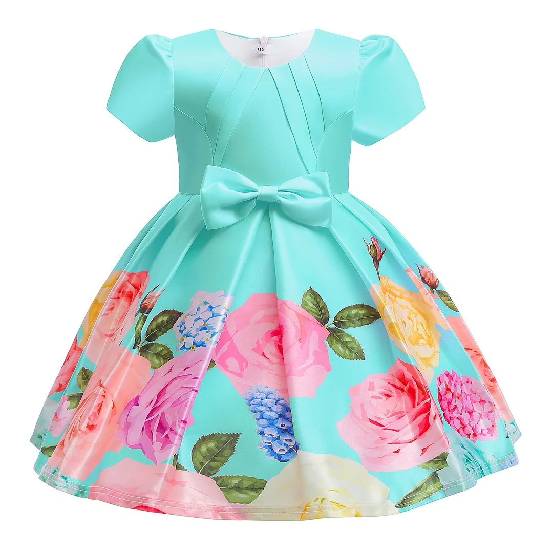 Buzzdaisy Flowers Princess Dress For Toddlers Round Collar Bow-Knot Puff Sleeves Light Weight Cotton Princess Dress Sports
