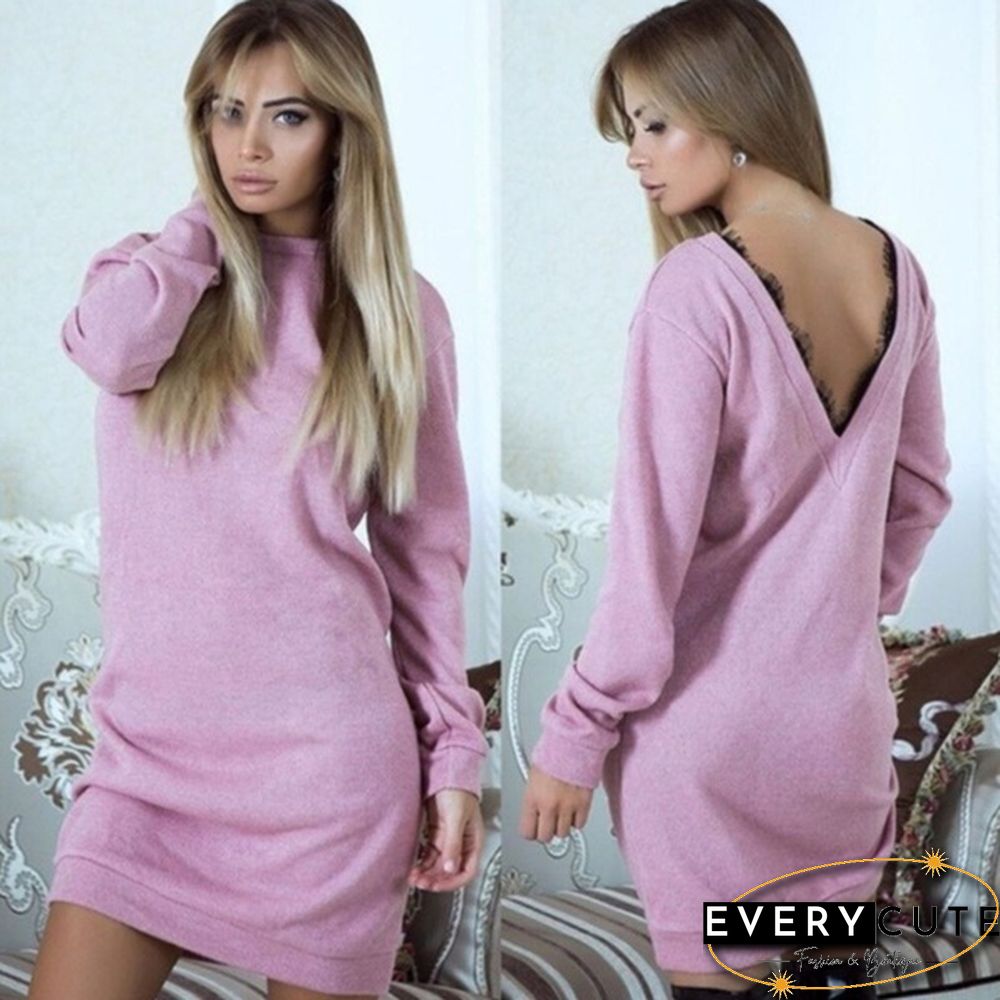 Fashion Womens Lace Backless Long Sleeve Dress Jumper Sweater Tops Sweatshirt