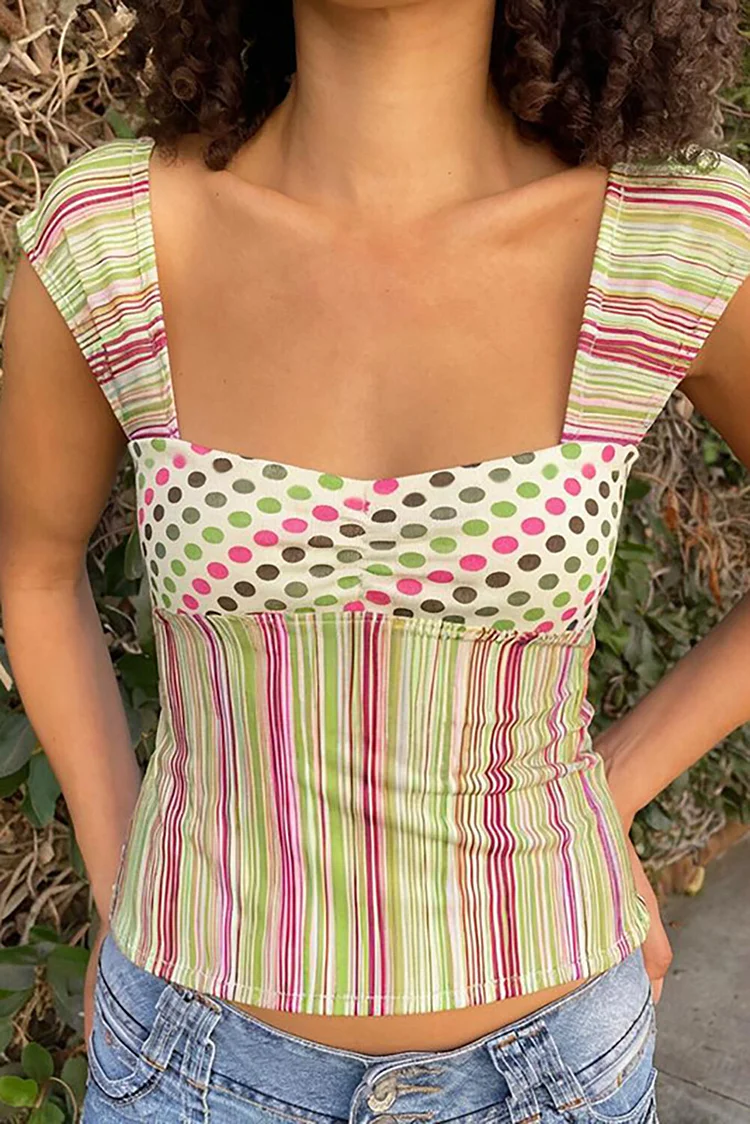 Polka Dot Striped Print Cap Sleeve Slim Fit Top-Green