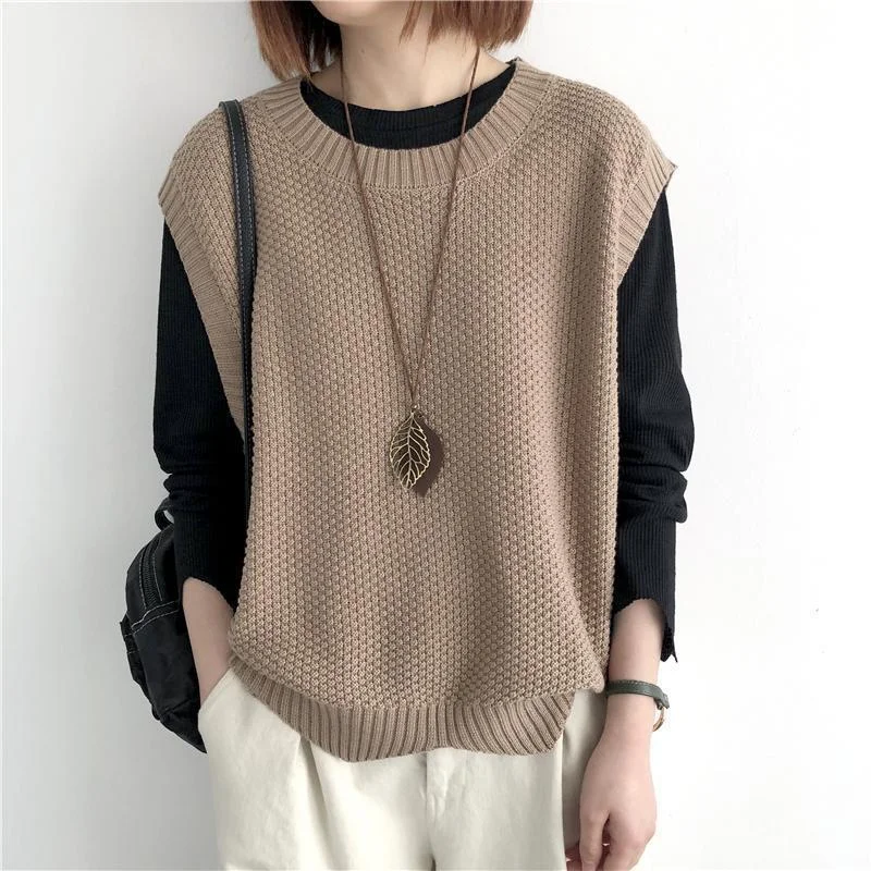 Churchf Churchf 2024 Solid Color Loose Round Collar Horse Clip Vest Wear Irregular Head Short Knit Vest Women's Vest