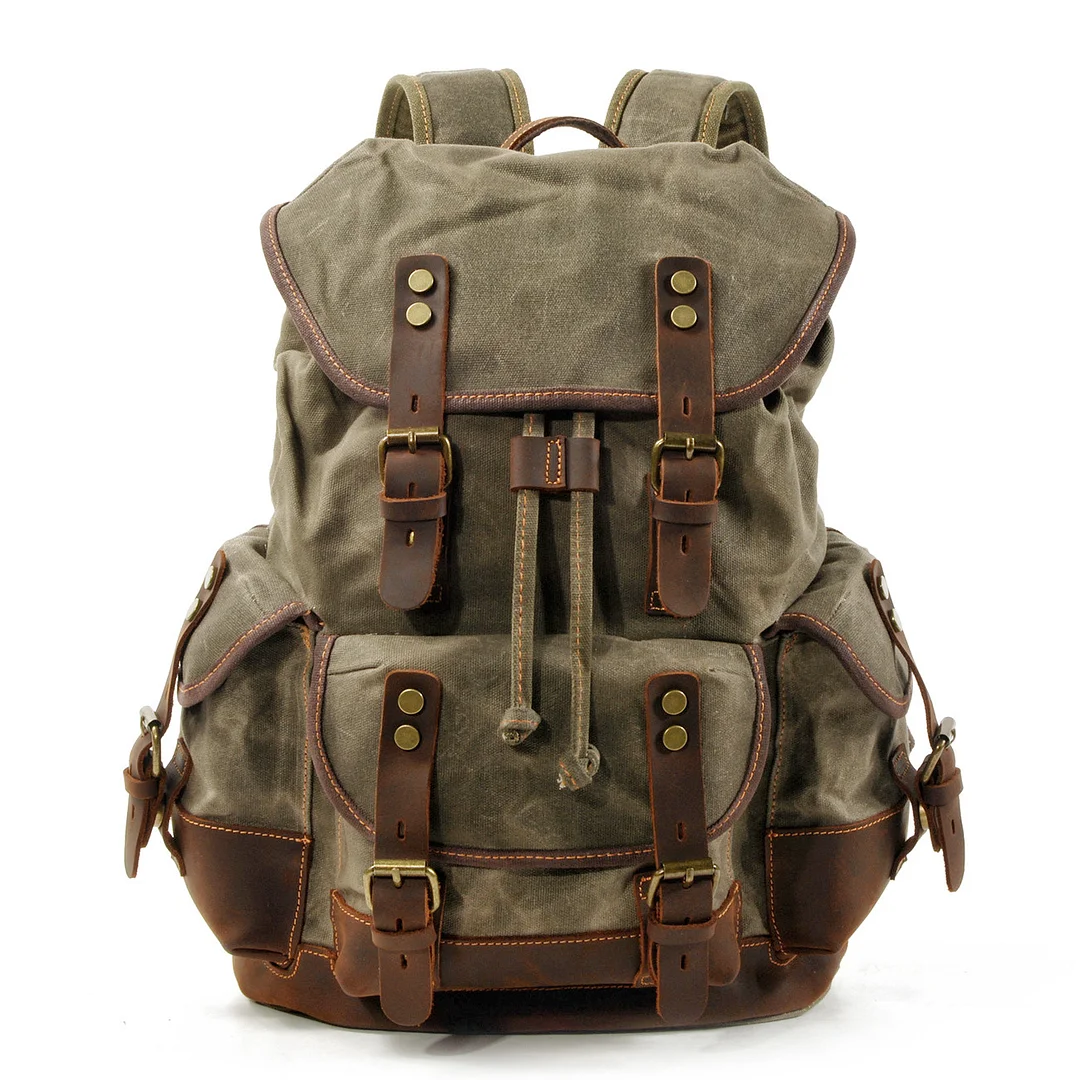 Outdoor Backpack Leisure Large Capacity Travel Backpack Waxed Canvas Bag Stitching Leather Mountaineering Bag