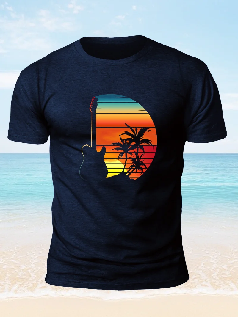 Guitar And Sunset Print Short Sleeve Men's T-Shirt in  mildstyles