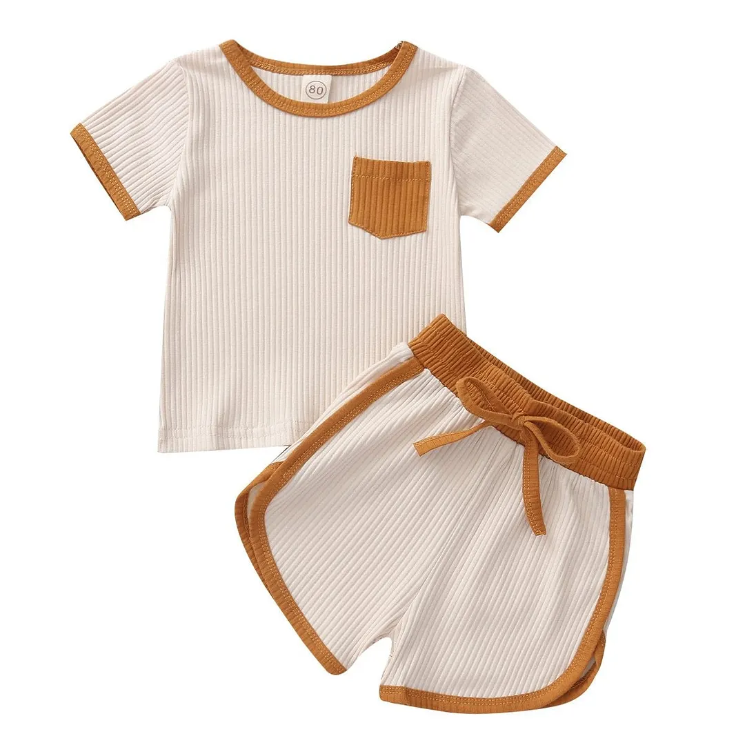 2021 Baby Summer Clothing Kids Baby 2-piece Ribed Outfit Set Short Sleeve Pocket Top+Shorts Set for Children Boys Girls
