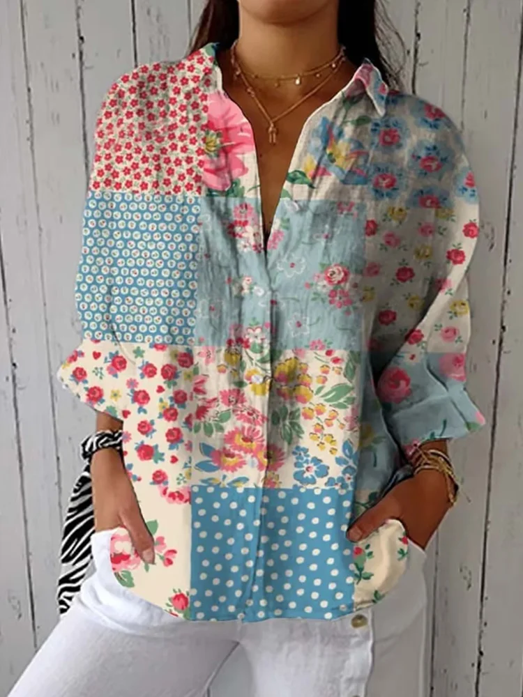 Women's Vintage Botanical Floral Patchwork Art Print Design Lapel Shirt