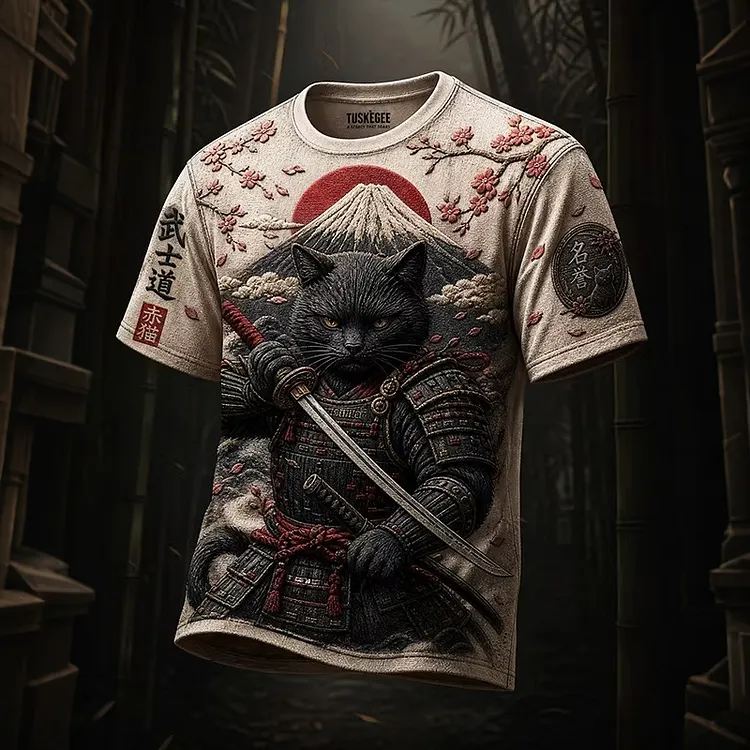 Men's Japanese Black Cat Samurai Print T-shirt