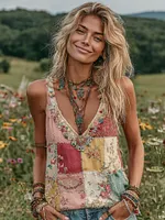 Vintage Floral Patch Art Linen Tank Top