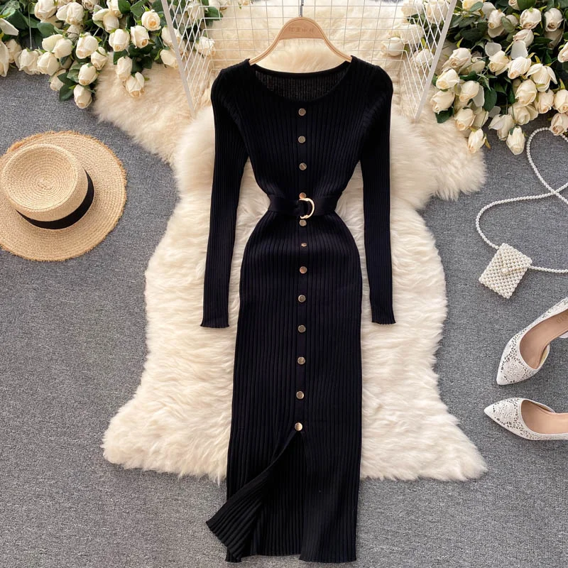 Croysier Winter 2021 Women Elegant Long Sleeve Ribbed Sweater Dress With Belt Button Front Slit Sexy Knitted Bodycon Midi Dress
