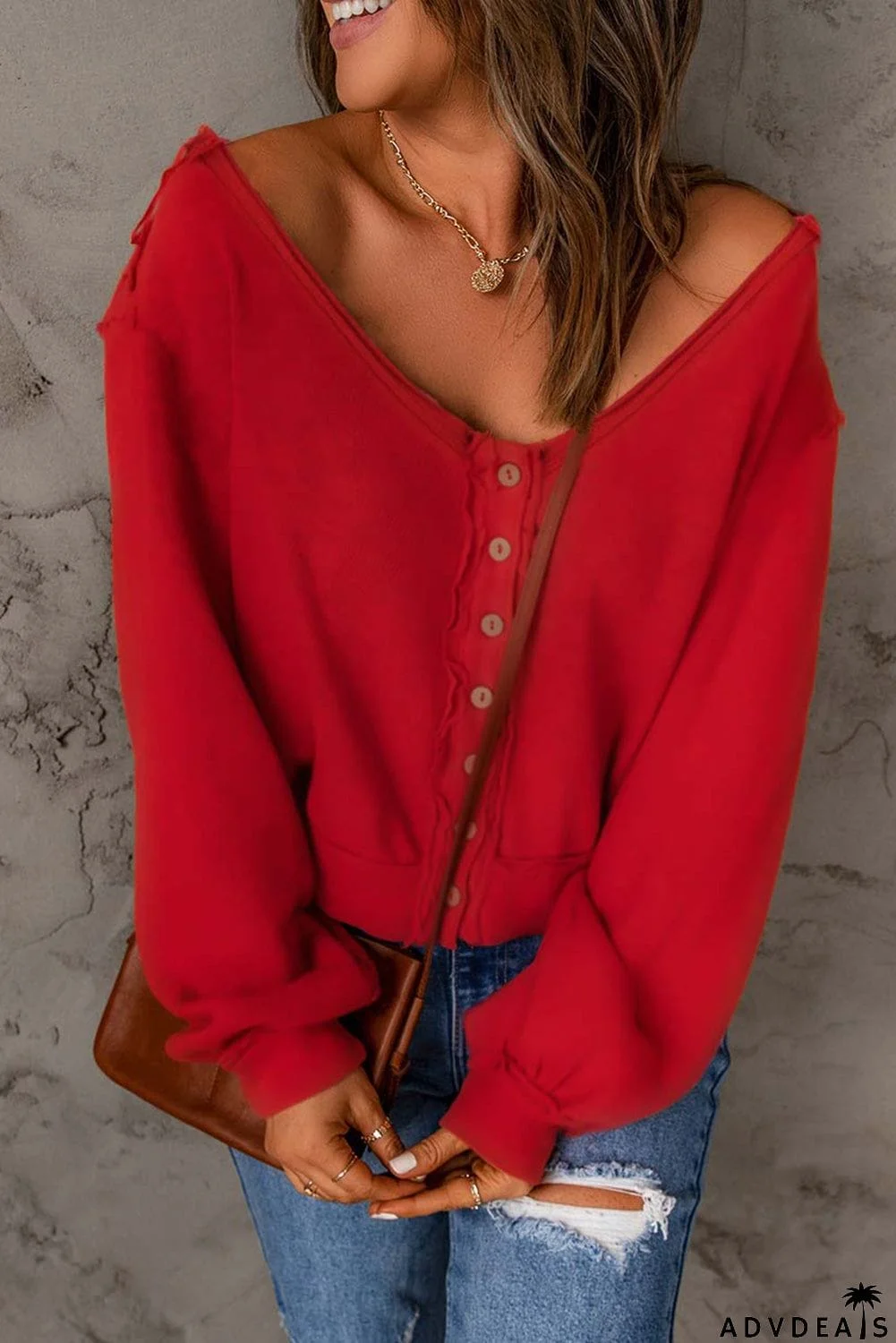 Red Button Front Distressed Knit Top