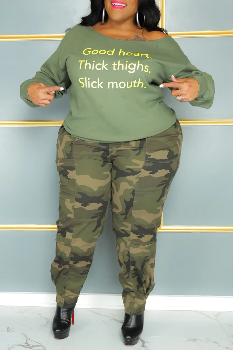 Plus Size Casual Pants Set Green Off Shoulder Letter Print Sweatshirt Camo Cargo Two Pieces Pants Set