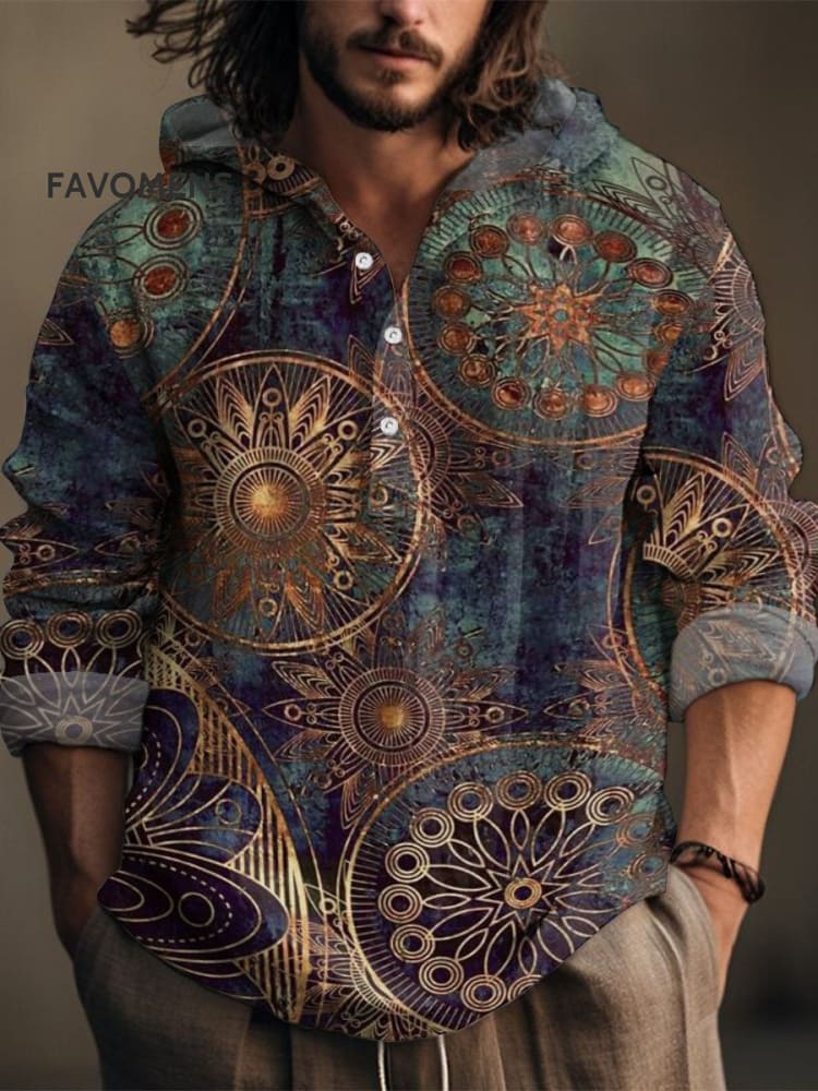 Gradient Background Dark Gold Printed Decorative Pattern Casual Jacquard Shirt Multicolor / S