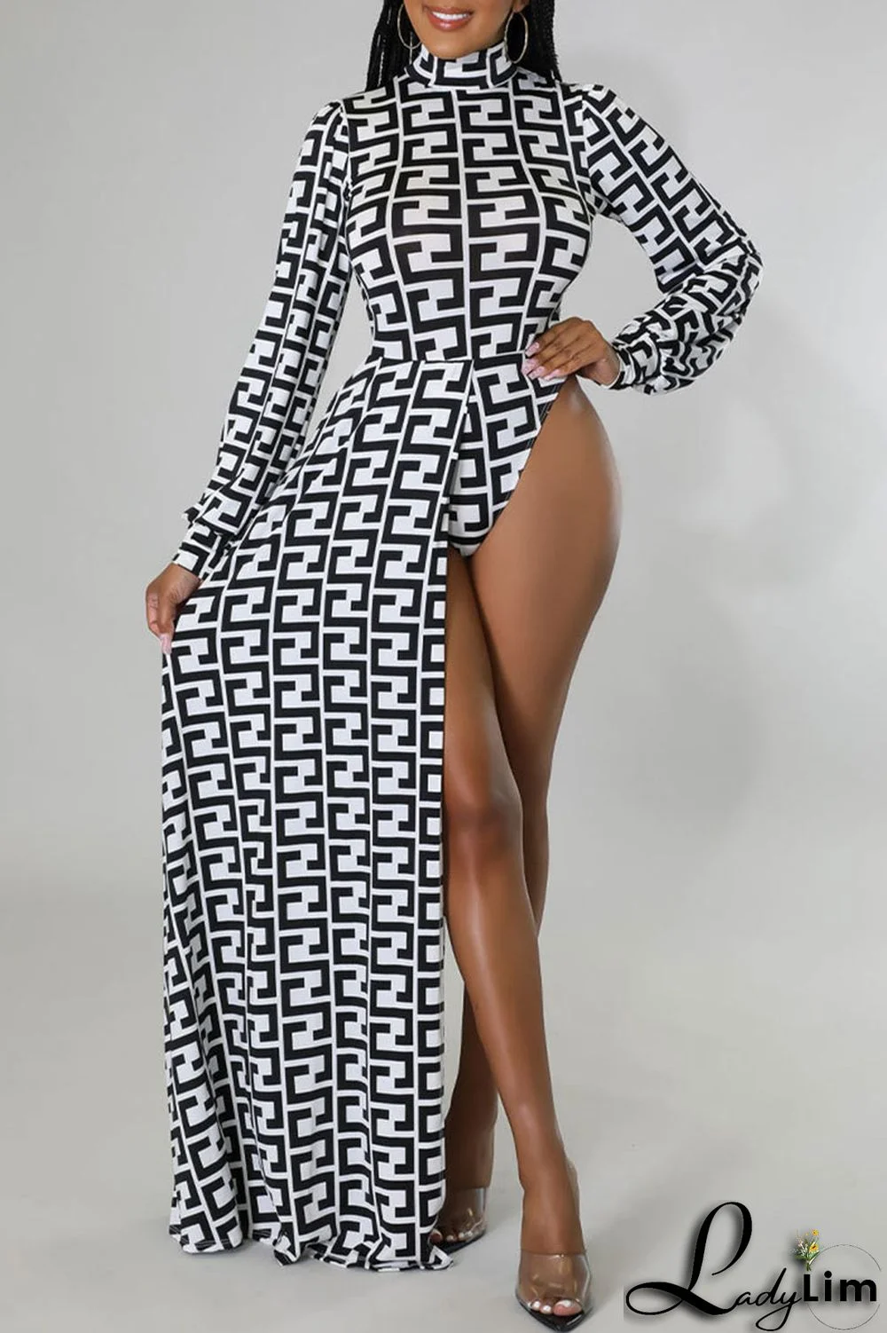 Black And White Casual Print Asymmetrical Half A Turtleneck Long Sleeve Two Pieces